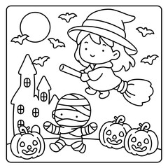 Welcome to Halloween, easy coloring for kids, vector, illustration, coloring book, coloring page, cozy, cute, bold, comfy