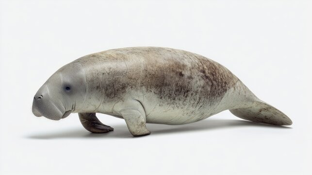 A detailed studio shot of a grey manatee, an aquatic mammal, against a plain white background.