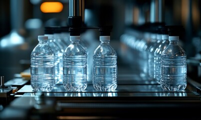 Automated production line featuring clear plastic drinking water bottles moving on a conveyor belt, exemplifying efficient production in a modern bottling facility with no brand labels, Generative AI