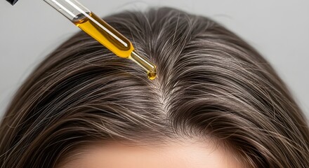 Closeup of a dropper applying oil or serum to a womans scalp for hair treatment and care, highlighting beauty and wellness