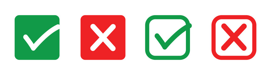Obraz premium Editable vector illustration of green check marks and red cross symbols, featuring correct and incorrect decision icons for apps, websites, presentations, and documents.