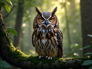Obraz premium Closeup owl sitting on tree branch in natural forest habitat