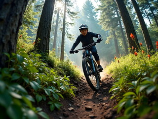 Fototapeta premium Cyclist riding mountain bike on forest trail outdoor adventure