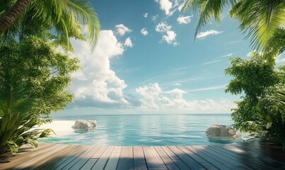 Ideal virtual meeting background depicting a serene tropical location with lush greenery, clear blue skies, and a tranquil atmosphere, creating a sense of peace and relaxation, Generative AI