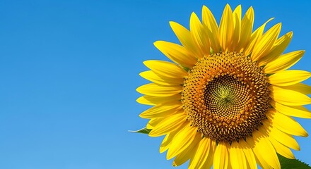 Naklejka premium A single, vibrant sunflower against a clear blue sky, providing ample, clean copy space. An energetic and positive image for summer or nature concepts.