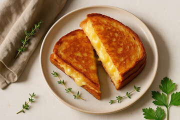 Golden Grilled Cheese Sandwich Served on Plate with Fresh Herbs.