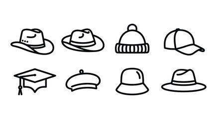 Fototapeta premium Vector art of collection of various hat styles a diverse set of headwear options for fashion, protection, and occasions, including cowboy, fedora, and graduation hats