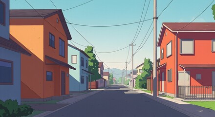 Neighborhood Street View with Colorful Houses Under Blue Sky