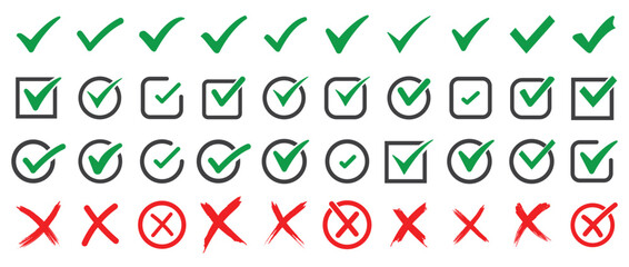 Vector set of ticks and crosses with multiple styles, including correct marks, wrong signs, confirm buttons, cancel icons, and validation graphics for digital design and presentations.