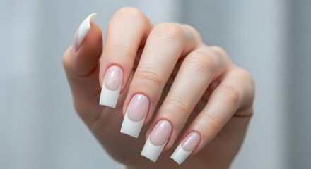 Closeup of a womans hand with a perfect french manicure, showcasing long, elegant nails with white tips and a natural pink base, highlighting beauty and nail care