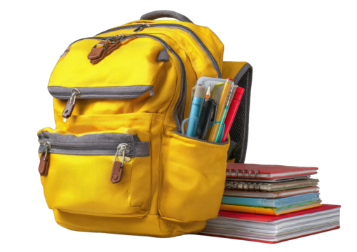 Yellow backpack filled with school supplies and books