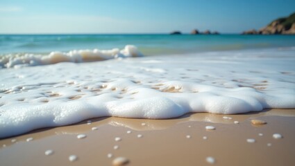 Obraz premium Close-up view of foamy white waves gently lapping on a light beige beach, with a tranquil turquoise ocean vista in the background.
