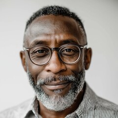 Portrait of a Mature Mid-Adult Man with Gray Hair and Glasses in Casual Clothing - Smiling Confidently with Warm Expression in Studio, Ethnic Diversity and Positive Attitude in Professional Headshot