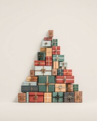 Obraz premium Gift Pyramid: An artfully constructed pyramid of wrapped gifts, a symbol of giving and celebration. Perfect for conveying sentiments of joy, surprises and excitement! Generative AI