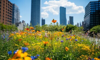 Lush urban green space flourishing with vibrant wildflowers, symbolizing biodiversity amidst the concrete jungle. This visual highlights the importance of green spaces in urban, Generative AI