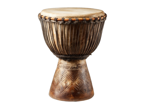 A traditional drum, light brown, with carved base