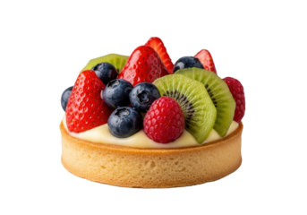 A single, photorealistic fruit tart with golden, flaky crust, rich pastry cream, glossy fresh strawberries, blueberries, raspberries, kiwi isolated on transparent with bokeh, gourmet dessert concept