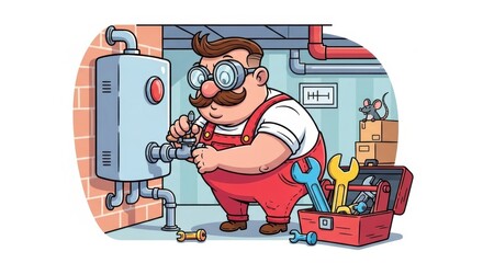 Cartoon Plumber Repairing Water Heater in Basement
