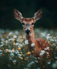 photograph, cute deer in a spring wild flowers field, looking to the camera