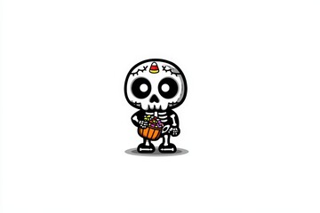 Cute Cartoon Skeleton with Treats in Pixel Art Style