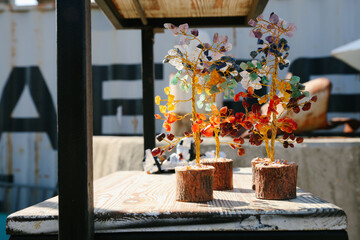 Healing Crystal Bonsai Trees on a Wooden Table