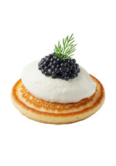 A perfectly golden-brown blini topped with creamy crème fraîche, iridescent black caviar, and a vibrant dill sprig, isolated on a transparent, culinary luxury food concept