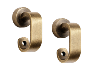 Two antique-toned wall hooks, scroll-shaped