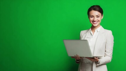 Focused Businesswoman in a Green Scene: An attractive, modern businesswoman, dressed in a sleek business suit, stands poised with an open laptop. - Powered by Adobe