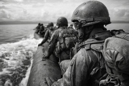 Military personnel in full gear navigate turbulent waters on an inflatable vessel, capturing a moment of readiness and deployment.