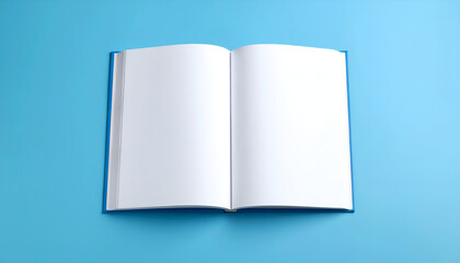 Open book with blank pages, and blue background.