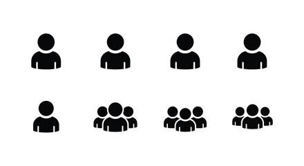 Black silhouette icons of single people and groups on white background