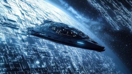 Obraz premium A sleek, dark spaceship with glowing blue accents flies above a futuristic, grid-like planet, bathed in the cold light of space