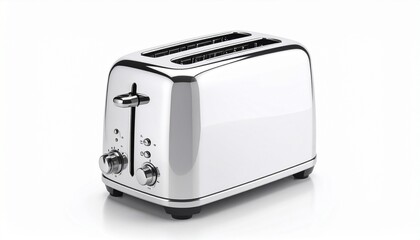 Stainless steel two-slice toaster with control knobs and buttons on white surface