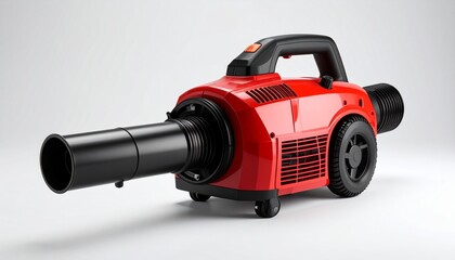 Red and black electric leaf blower with nozzle aimed at dried leaves on white surface