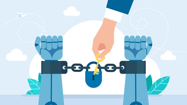 A man opens the lock of the handcuffs on the hands of a robot with a key. Ai in handcuffs. The robot's hands are shackled with a closed lock. Crimes of artificial intelligence. Flat illustration