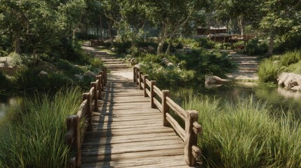 Obraz premium Wooden bridge of historic style spanning calm waters, walking paths nearby framed with grass, rustic timeless design, natural outdoor setting, 3D render