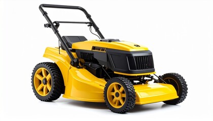 Ride-on lawn mower with yellow body and black seat on white background