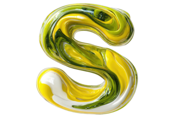 3D letter S, vibrant yellow, green, white swirls