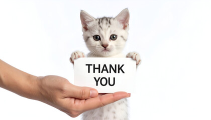 Kitten holding thank you note.