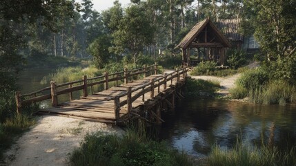 Wooden bridge with rustic historic design, spanning river, scenic walking paths nearby, greenery surrounding landscape, 3D rendered scene