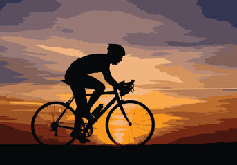 Obraz premium Silhouette of cyclist riding bike at sunset colorful sky in background peaceful scenic view fitness and healthy lifestyle concept outdoors