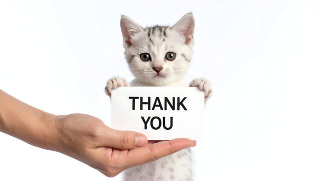 Kitten holding thank you note.