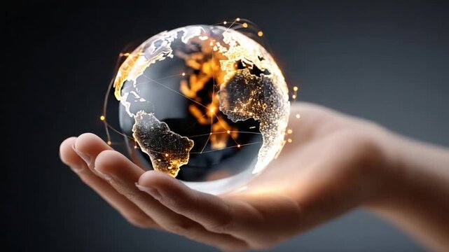 Global Connection in Hand: A person's open hand cradles a miniature illuminated globe, signifying the interconnectedness of technology, data, and communication.