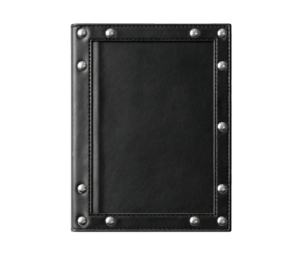 Black leather-bound book with studded frame