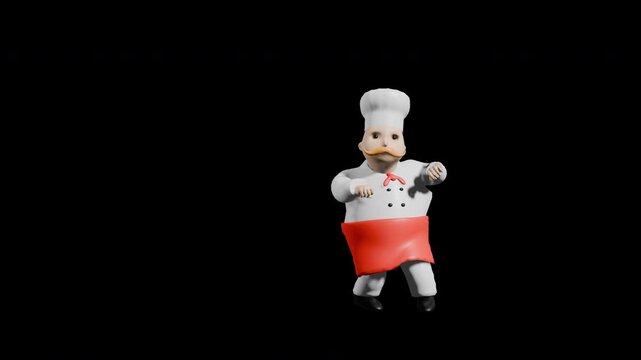 3d render chef dancing hopping cart dance. prores 4444