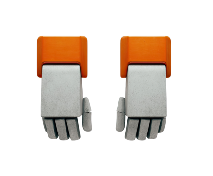 Pair of stylized, light gray robot gloves with orange accents