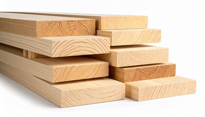 Stacked timber — assorted light-colored wooden planks piled neatly, showcasing grain texture and varied thickness, isolated on white