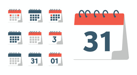 A large calendar page and various small calendar icons on a white background