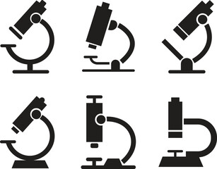 Microscope icons set in flat styles. Collection and group of laboratory equipment, science tool, biology instrument, research symbol, medical and education design elements.