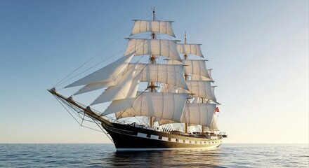 Sailing ship gliding on the ocean water against blue sky